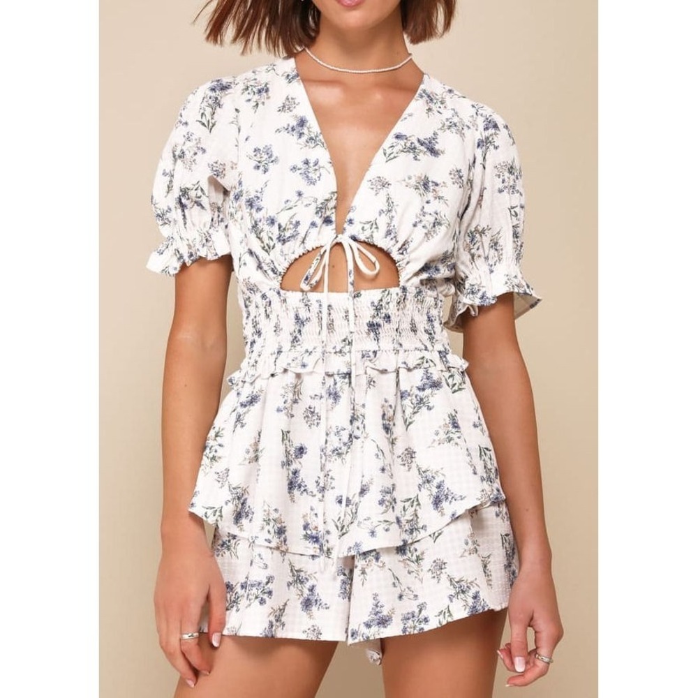 Lulus Complete Babe Ivory Floral Textured Tiered Smocked Cutout Romper - XS